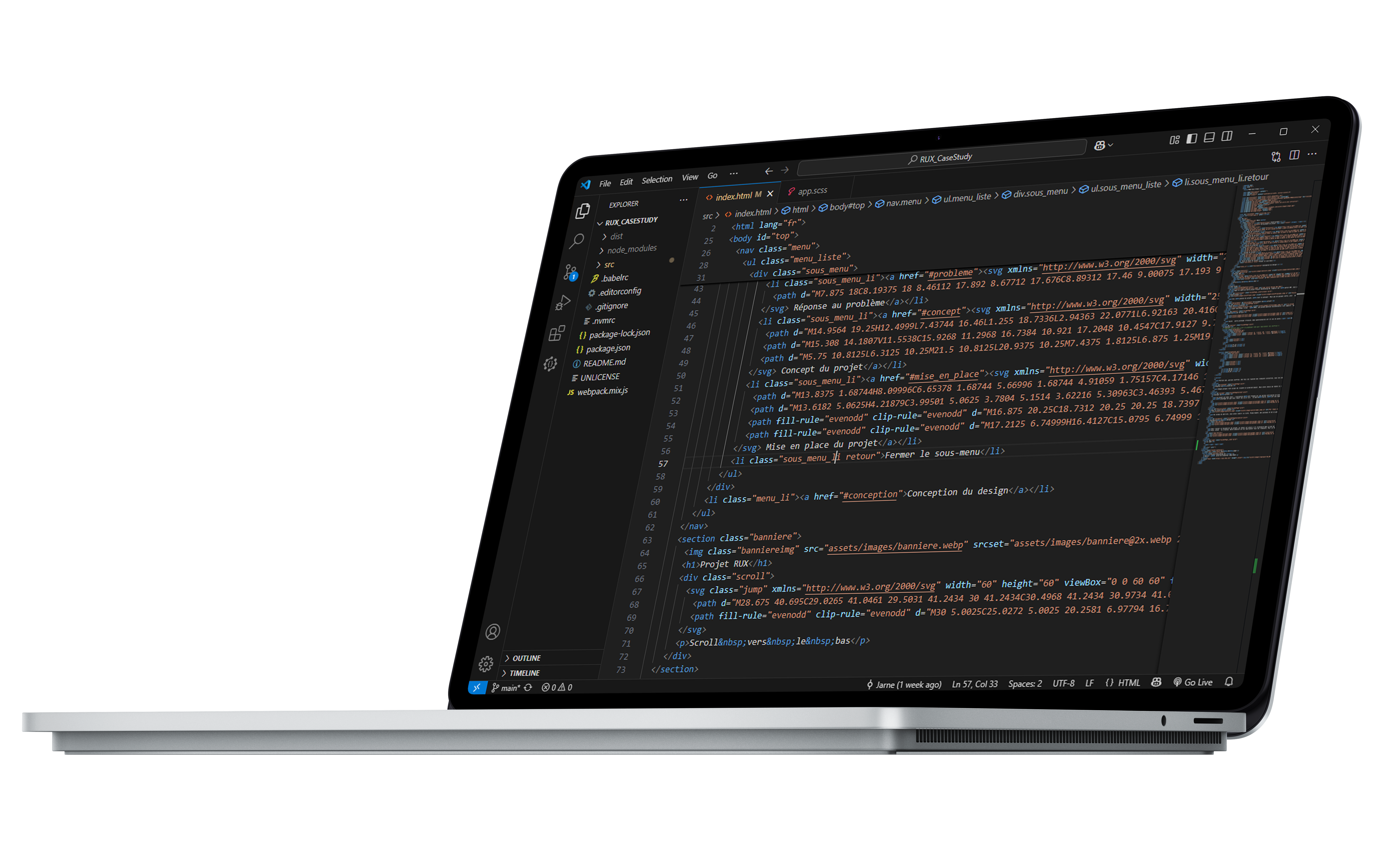 MockUp Ordinateur Portable de VS Code avec le code du projet