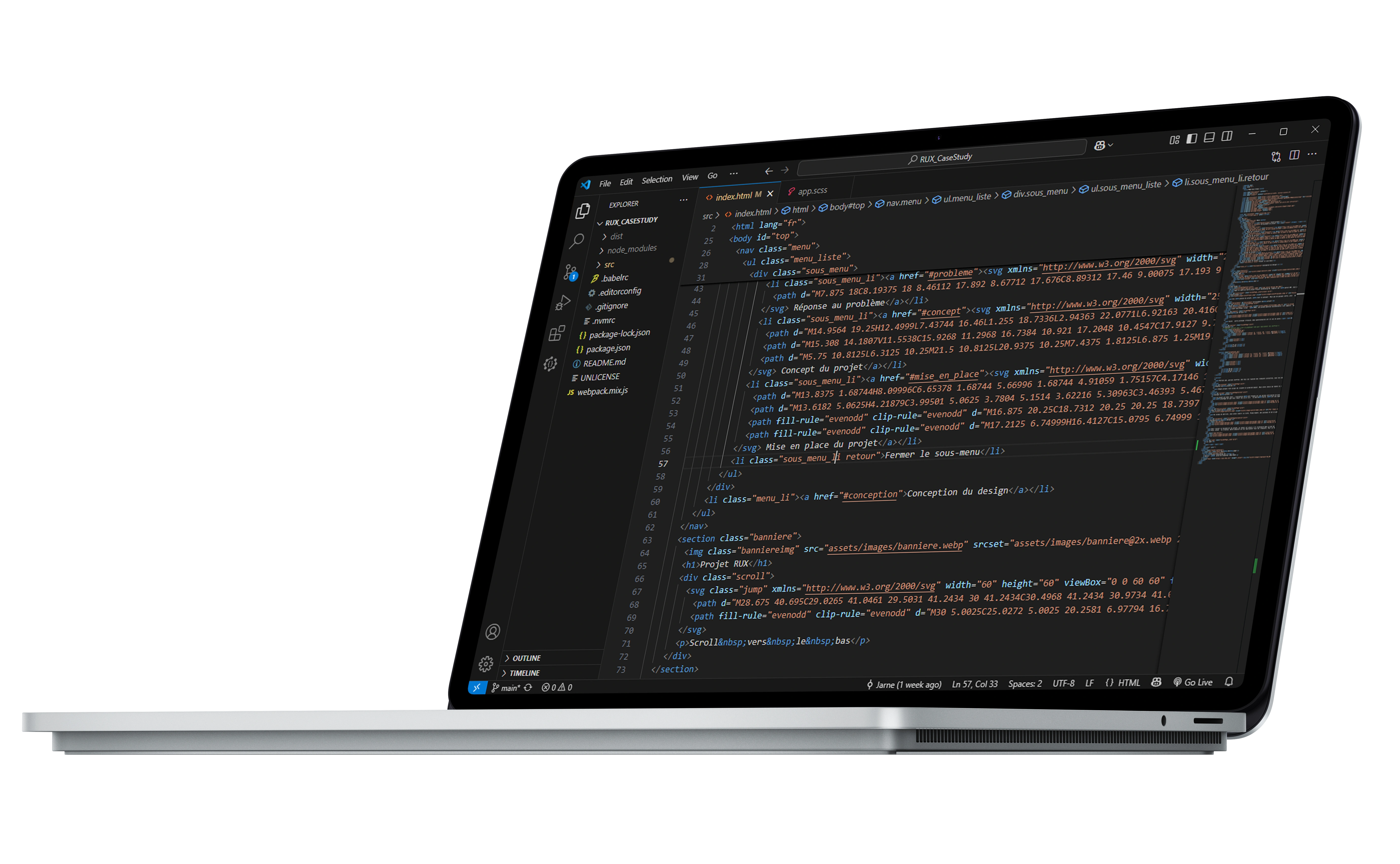 MockUp Ordinateur Portable de VS Code avec le code du projet