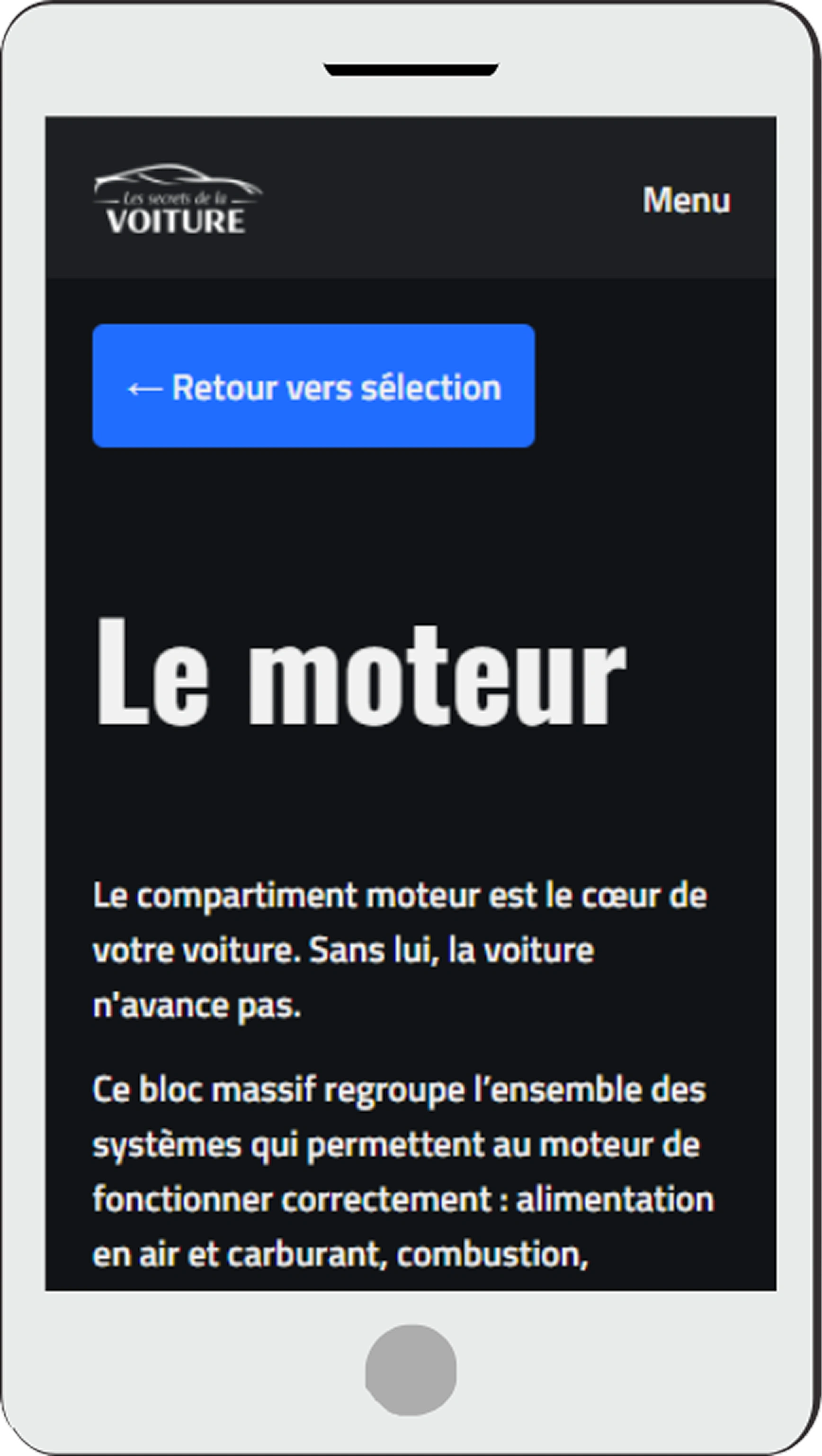 Mockup sur téléphone de la page moteur
