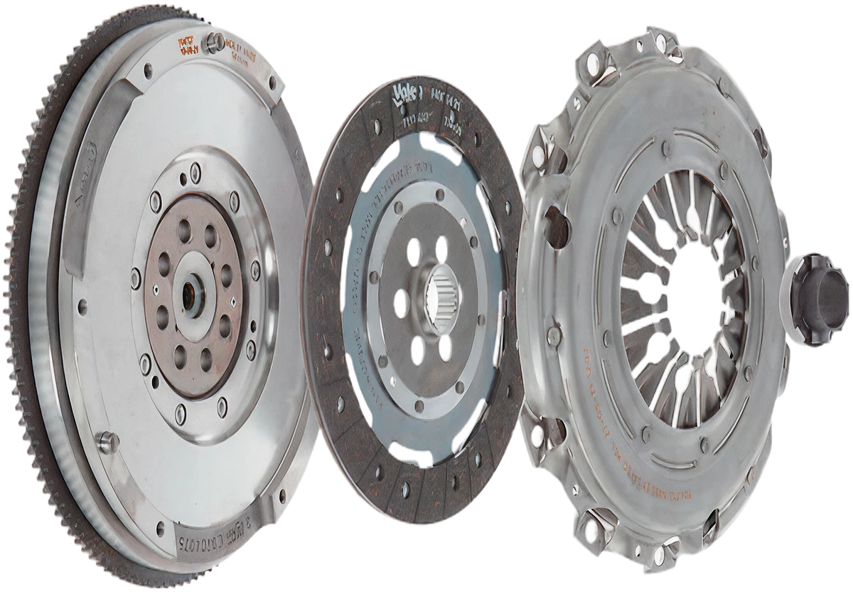 Un volant moteur, un disque de friction, un couvercle avec plateau presseur et la butée 